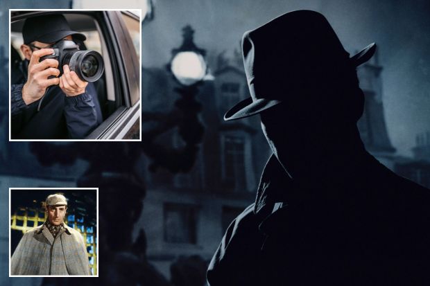 Collage of images depicting a photographer taking pictures from a car, a shadowy figure in a fedora, and a man in a deerstalker hat.