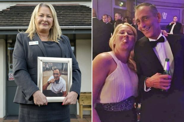 A woman holds a framed photo of a man; a split image also shows the woman with a man at a formal event.