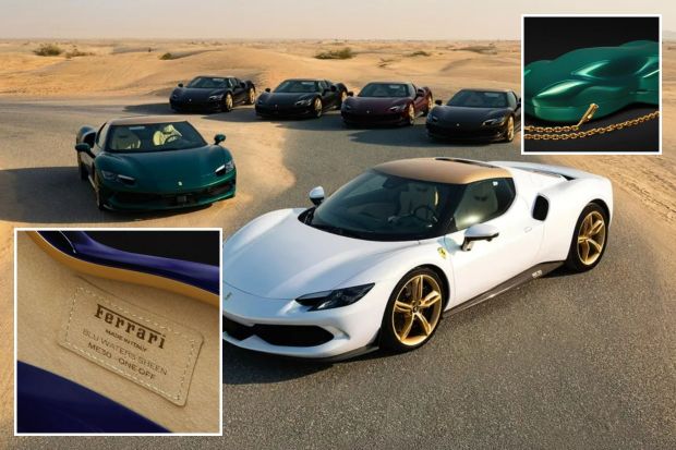 Collage of Ferraris in a desert setting, including a close-up of a car's interior label.