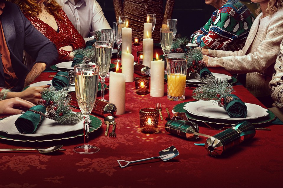 A Christmas dinner table set for a family gathering.