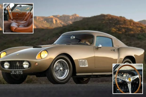 Gold Ferrari 250 GT SWB in front of a mountain landscape.  Close-ups of the interior and steering wheel are included.