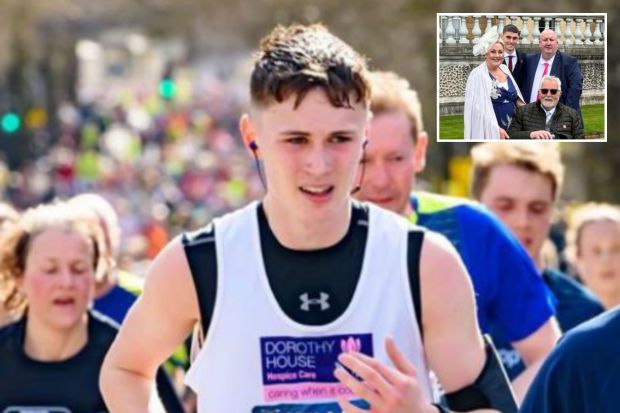 Collage of a young man running a marathon, and a photo of his family.