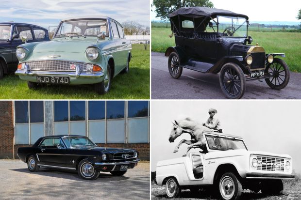 Collage of classic cars, including a Ford Anglia, Model T Ford, Ford Mustang, and Ford Bronco.