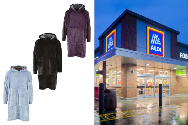 A photo collage of Aldi products including a loaf of bread, a box of cereal, a can of soup, and a carton of milk.