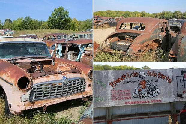 Rusty cars in a junkyard; French Lake Auto Parts sign.