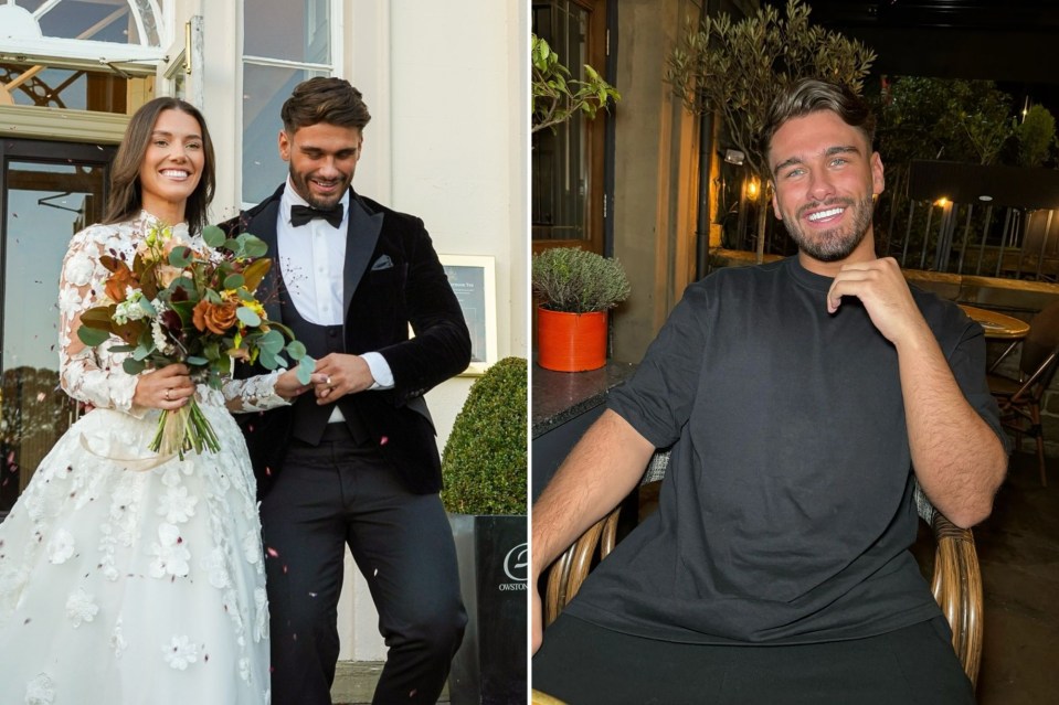 A split image showing a couple on their wedding day and the groom sitting at a restaurant.