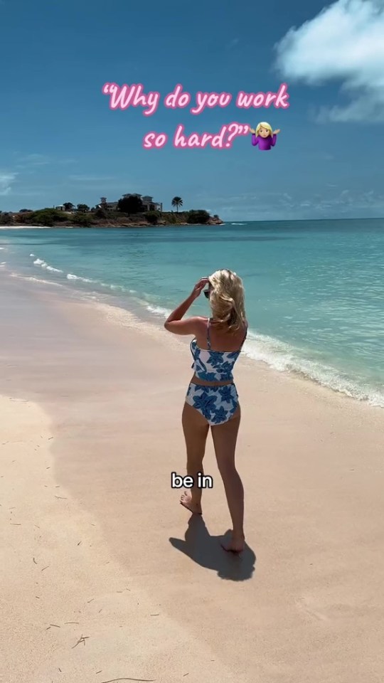 Woman in swimsuit walking on a beach, text overlay asks "Why do you work so hard?" and answers "be in".