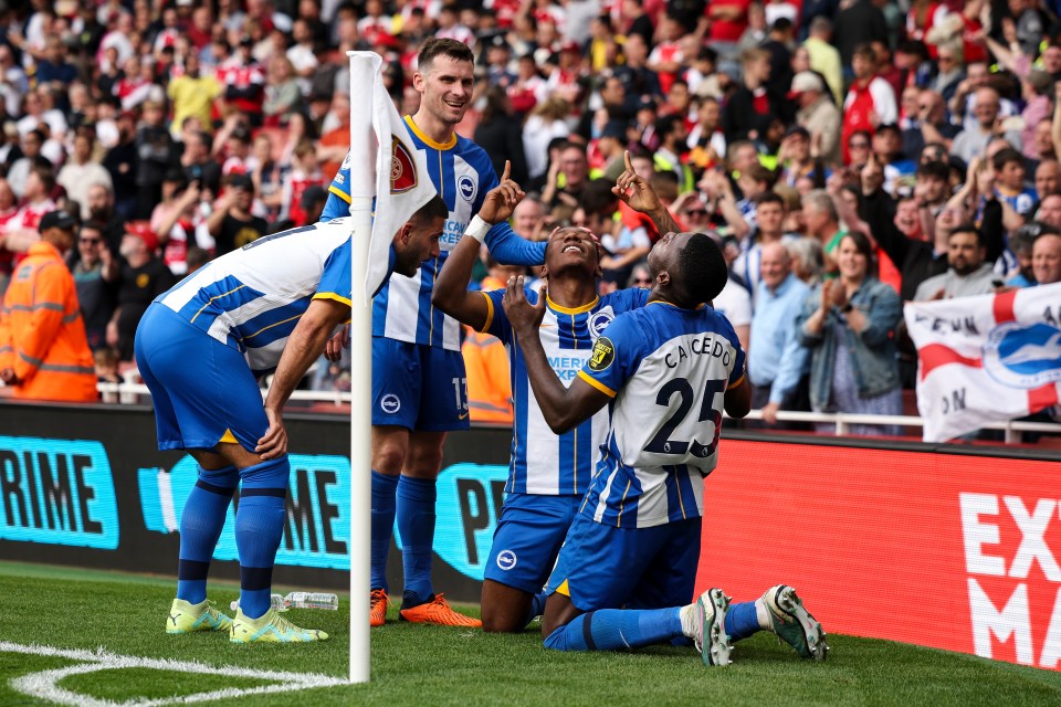 Pervis Estupinan celebrates scoring Brighton's third against Arsenal