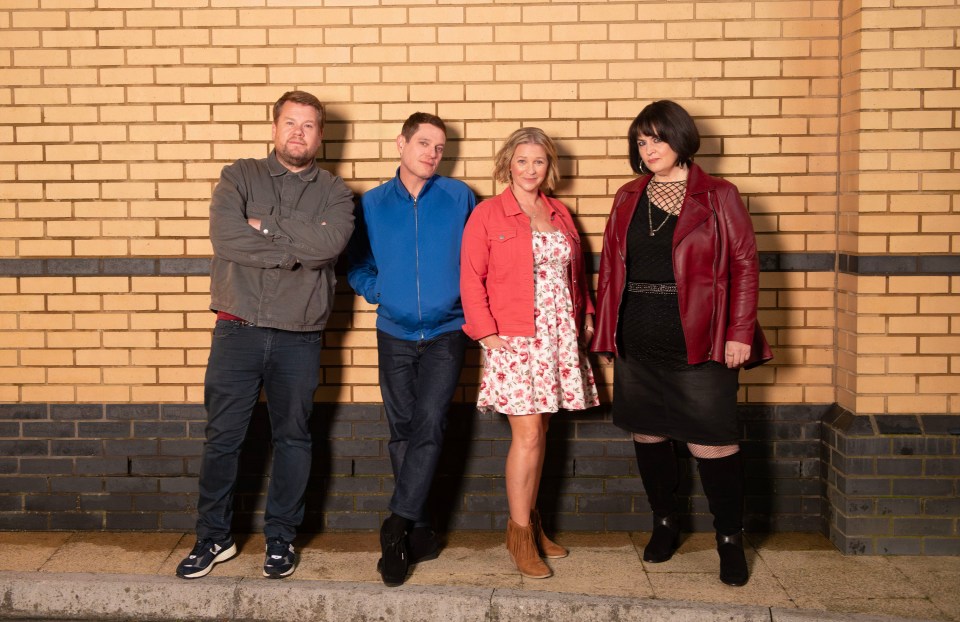 Cast photo of Gavin & Stacey: James Corden, Mathew Horne, Joanna Page, and Ruth Jones.