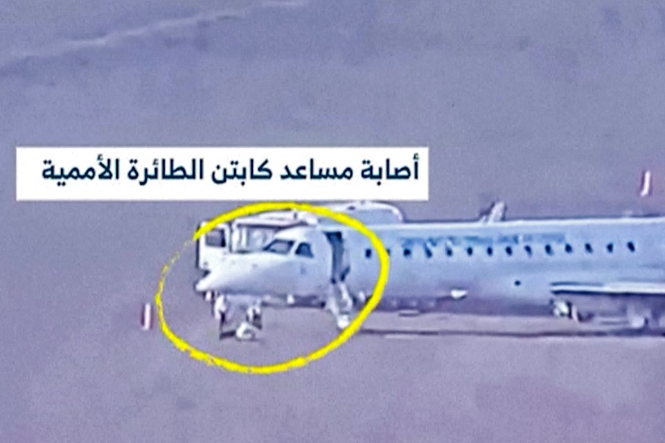 The moment when the co-pilot of the World Health Organisation (WHO) plane was injured at Sanaa International Airport