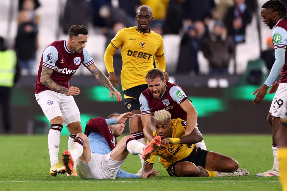 Lemina and West Ham captain Jarrod Bowen wrestled to the ground