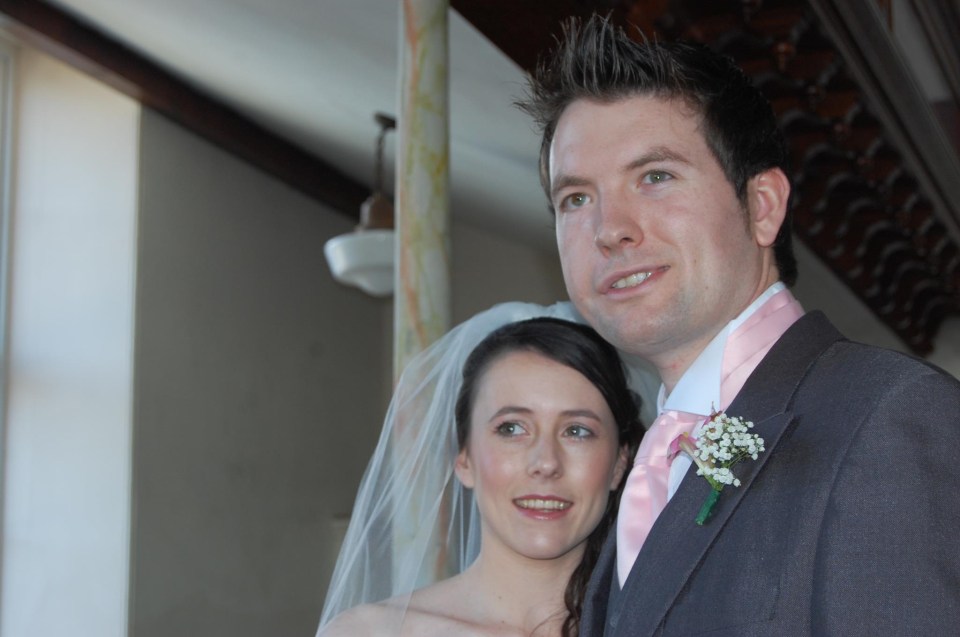 A bride and groom on their wedding day.