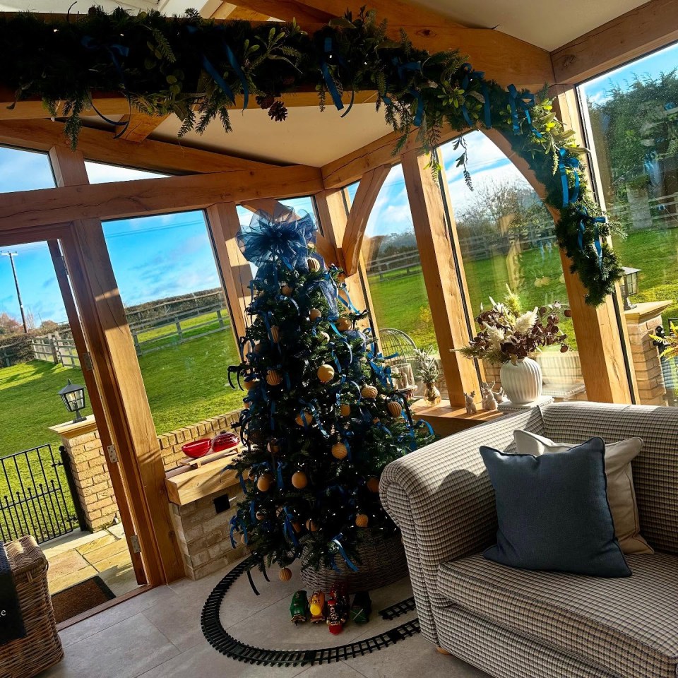 Christmas tree in sunroom with train set underneath.