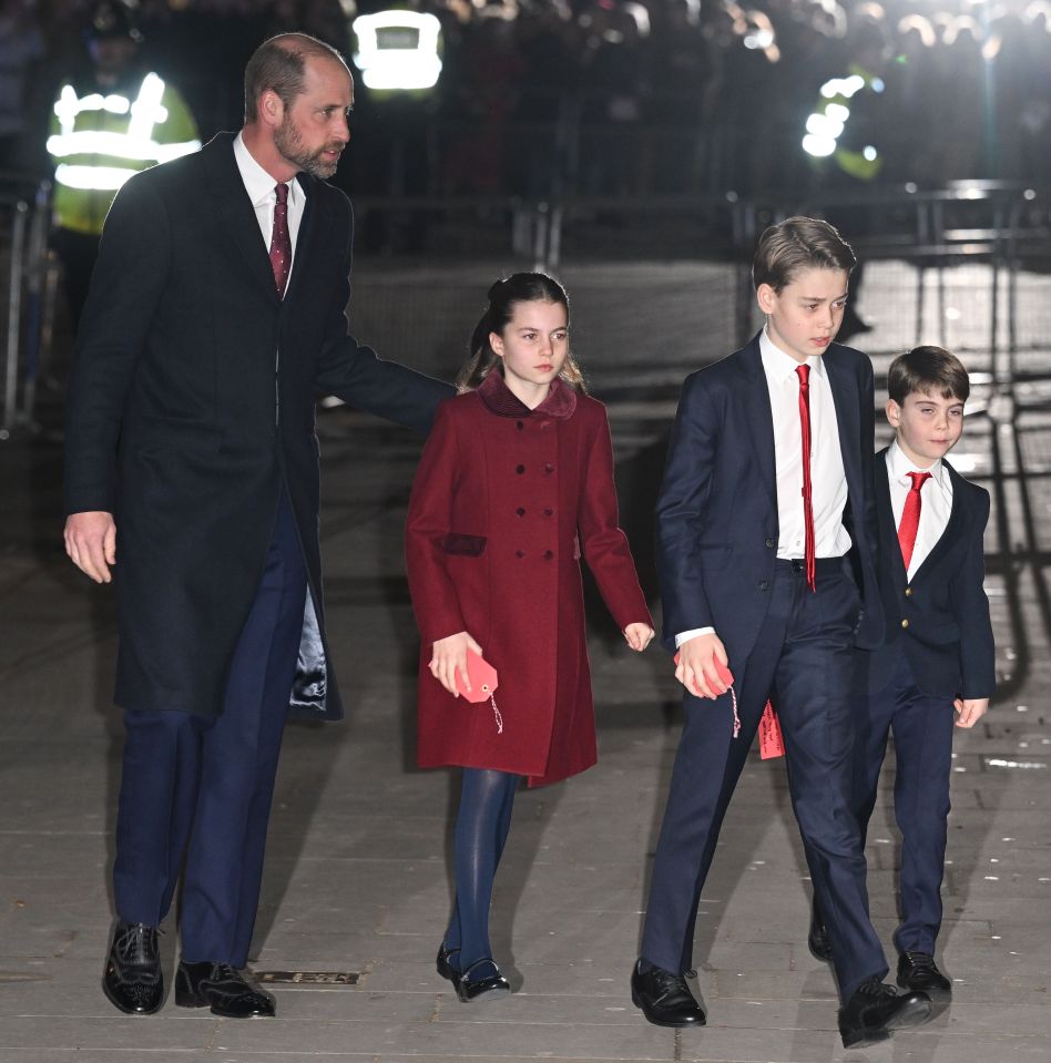 Prince William, Princess Charlotte, Prince George, and Prince Louis arrive at Westminster Abbey