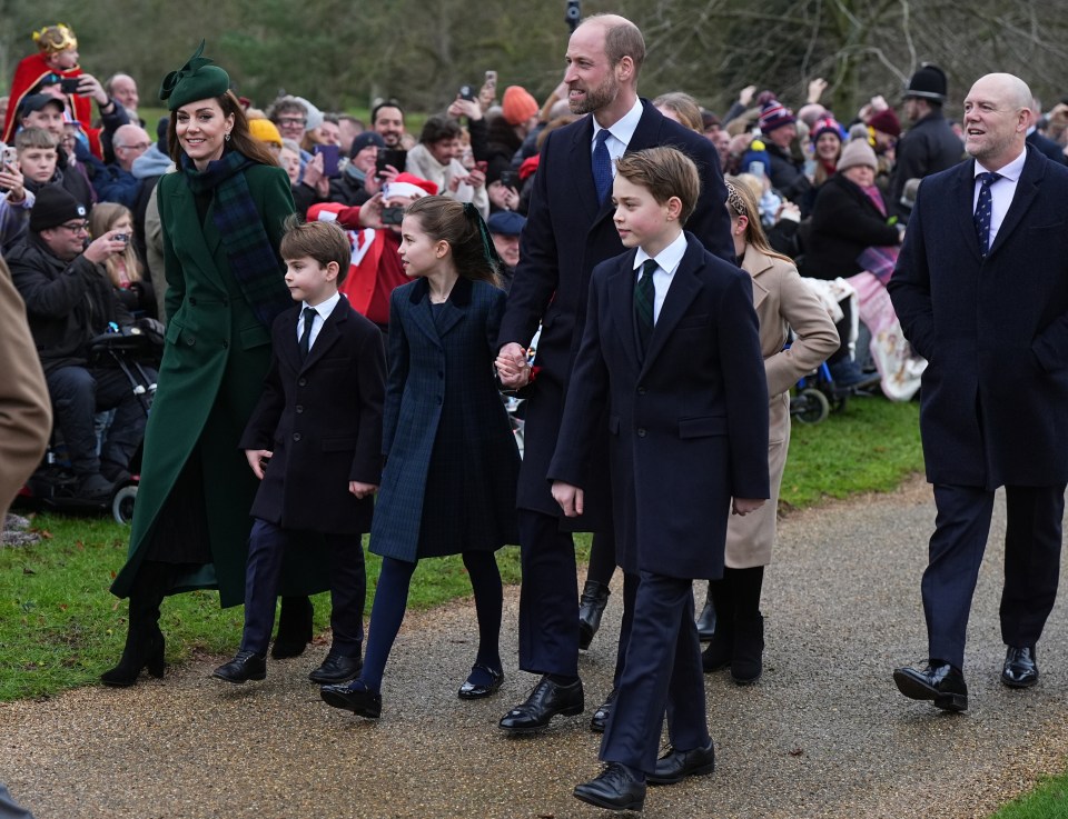 The Prince and Princess of Wales with their children walking to a Christmas Day church service.