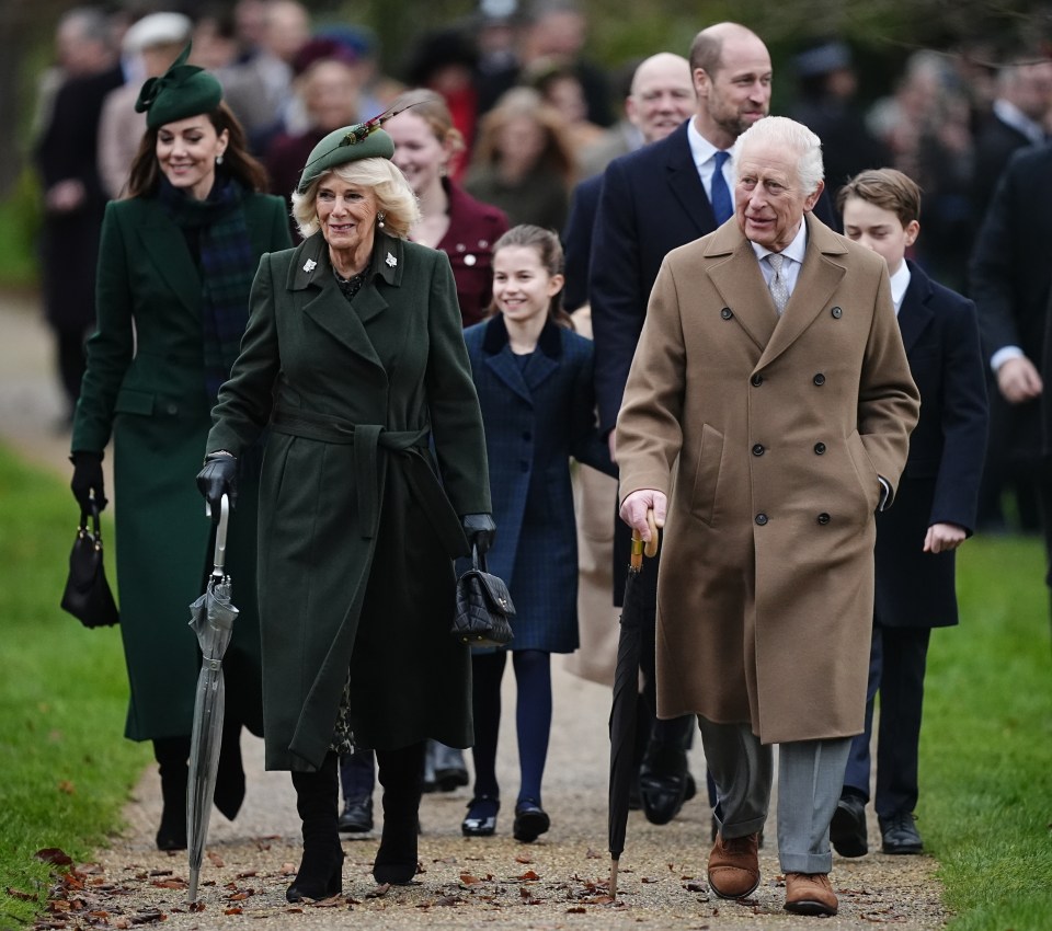 King Charles III, Queen Camilla, Prince and Princess of Wales, and their children attending a Christmas Day church service.