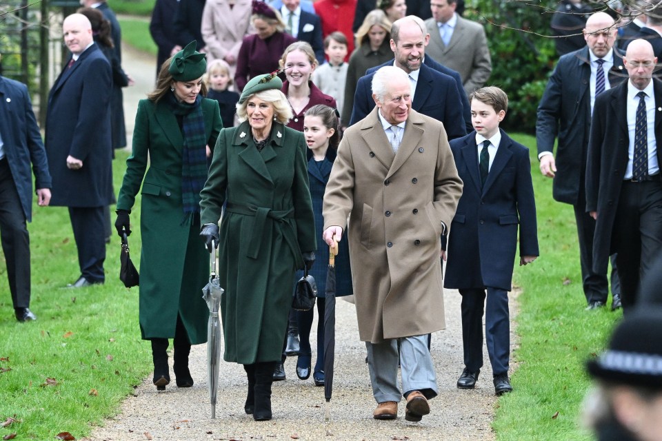 King Charles III, Queen Camilla, Prince William, Catherine Princess of Wales, and their children arriving at church.