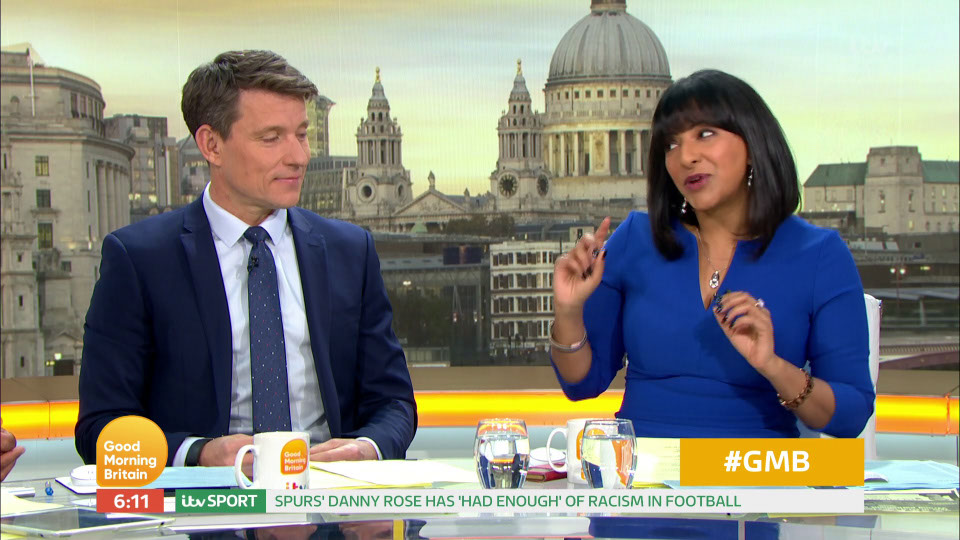 Ranvir Singh and a male co-host discussing racism in football on Good Morning Britain.