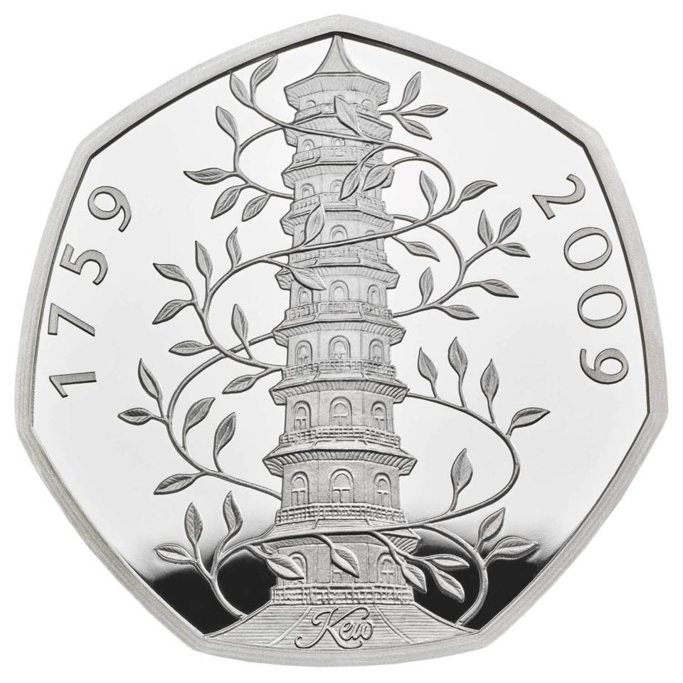 Rare 50 pence coin featuring Kew Gardens pagoda.