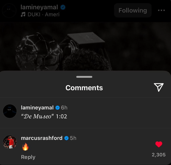 The Man Utd star commented on Lamine Yamal's latest Instagram post