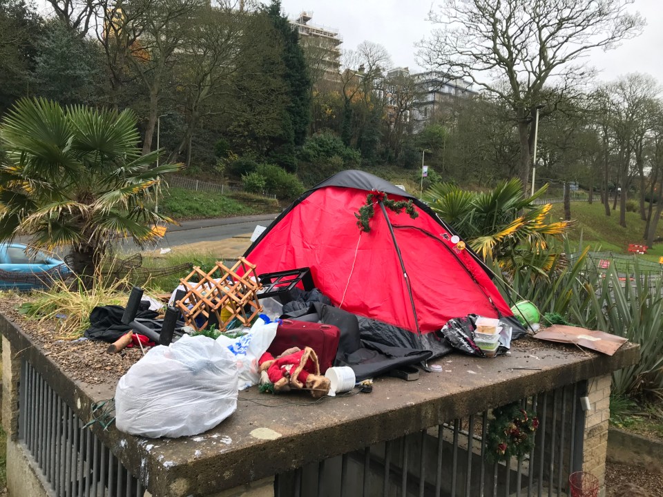 Homeless people have pitched tents in the town centre - including a roundabout