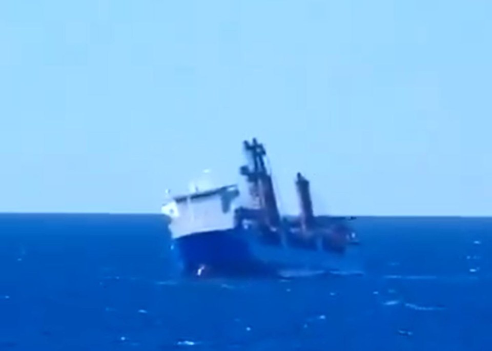 The Russian cargo ship Ursa Major listing in the water after an explosion.