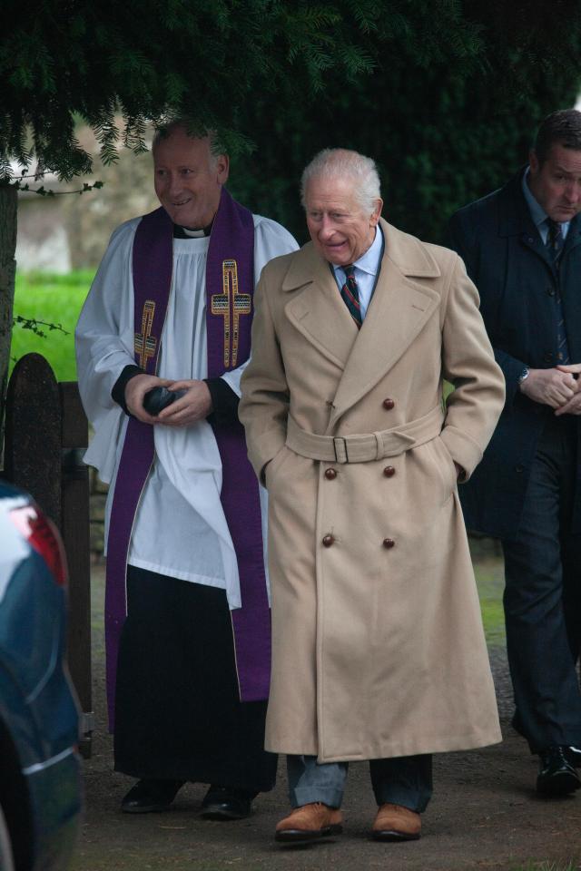 King Charles III wearing his father's coat at church.