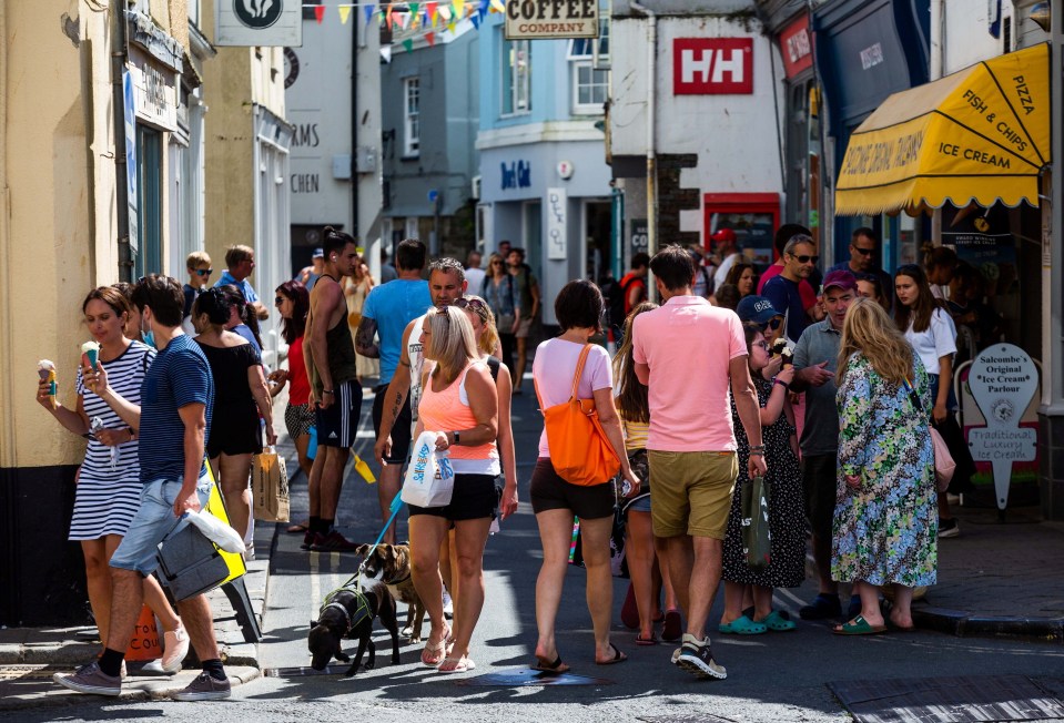 Crowded street scene in Salcombe, Devon.