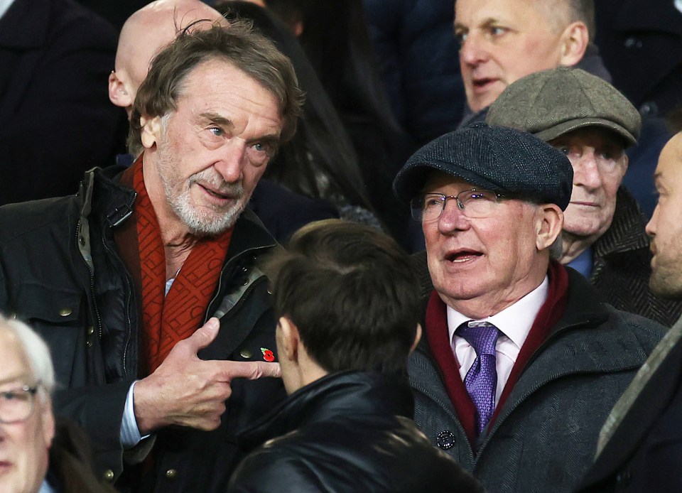 Jim Ratcliffe and Sir Alex Ferguson in conversation at a Manchester United game.