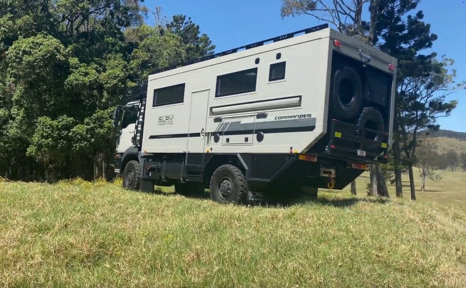 The camper also comes with a huge water-supply system, solar power, a full kitchen and bathroom, dining area