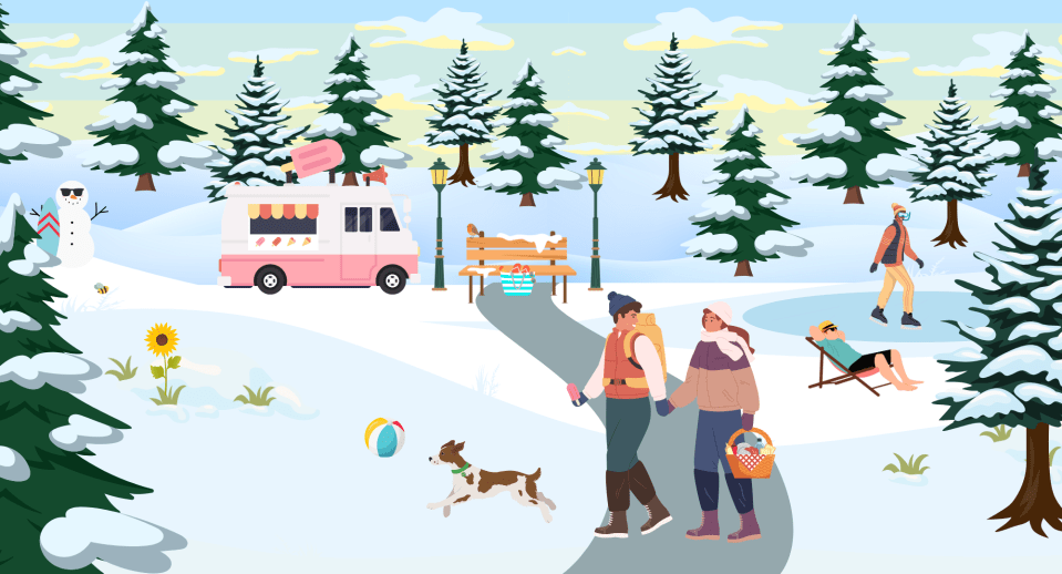 Winter scene with several people engaging in summer activities.