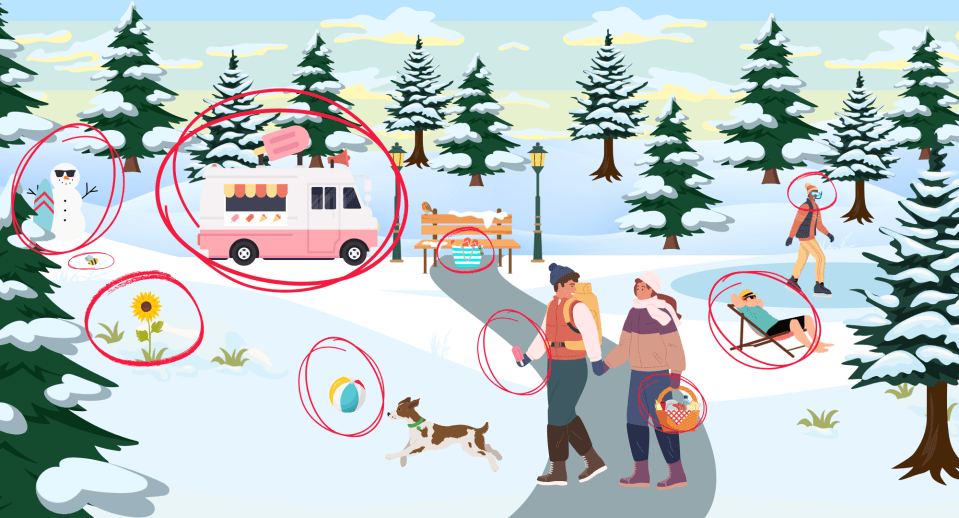 Winter scene with ten summer items hidden.