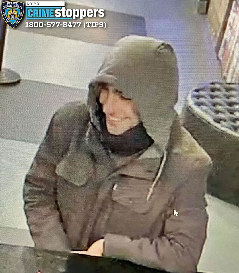 Surveillance image of a person of interest in a gray hooded jacket.  NYPD Crime Stoppers contact information is visible.