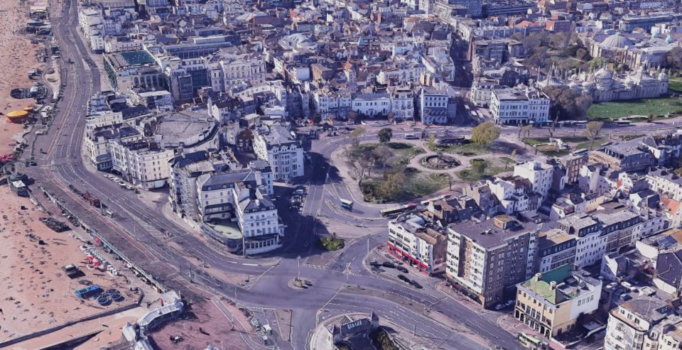 Aerial view of Steine Gardens and surrounding Brighton streets.