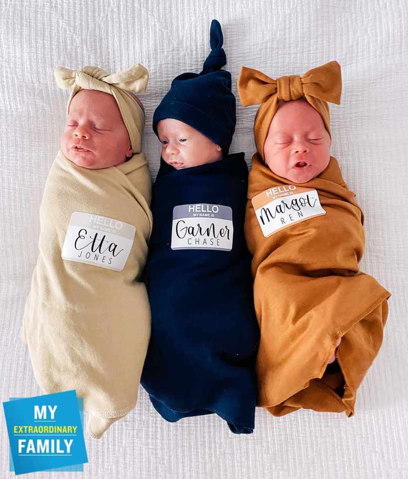 The triplets Etta, Garner and Margot, who were from three totally separate embryos