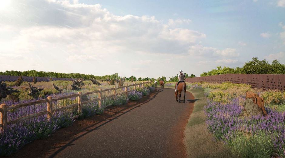 Rendering of a new pedestrian bridge, featuring riders on horseback using the bridge's path.