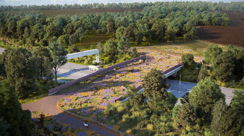 Aerial view of a new pedestrian bridge over a highway, designed to resemble a green space.