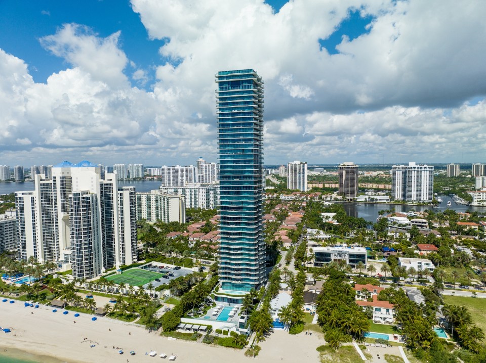 Aerial view of Regalia, a luxury condo building in Miami Beach, Florida.