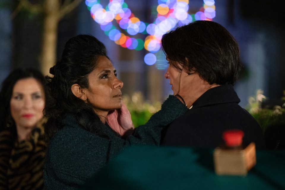 Suki Panesar and Eve Unwin embrace.