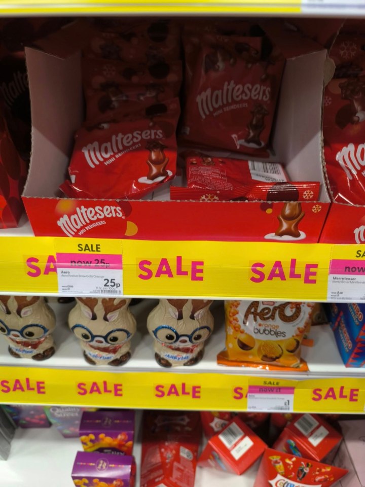 Post-Christmas sale on Maltesers reindeer, Aero bubbles, and other chocolates at Superdrug.