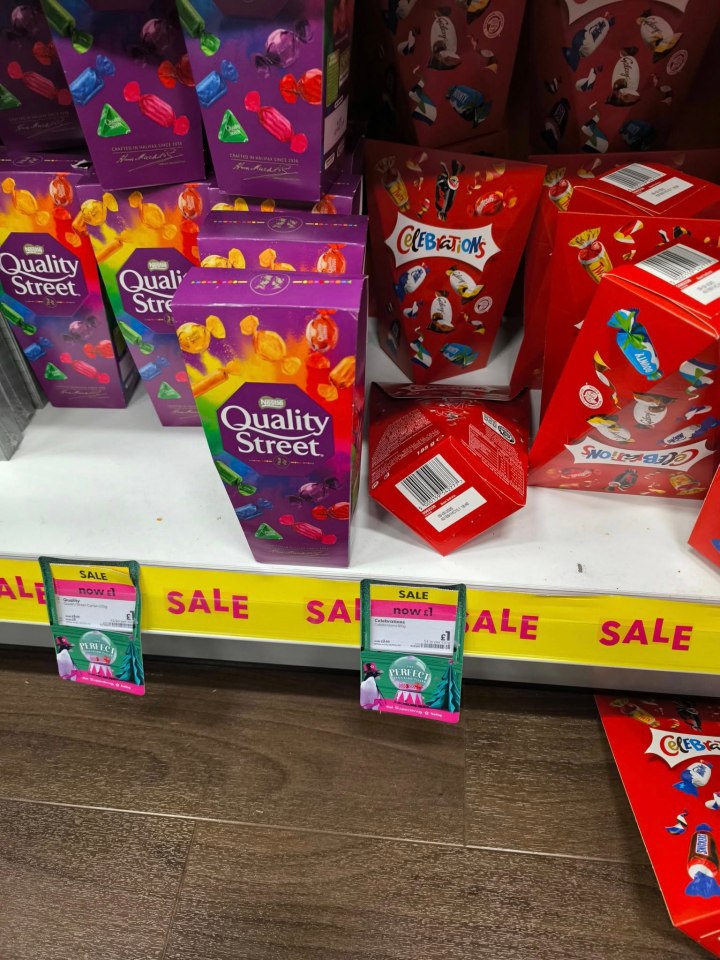 Post-Christmas sale of Quality Street, Celebrations, and other chocolates.