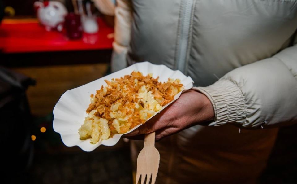 Traditional food like käsespätzle is served at the market as well as other dishes