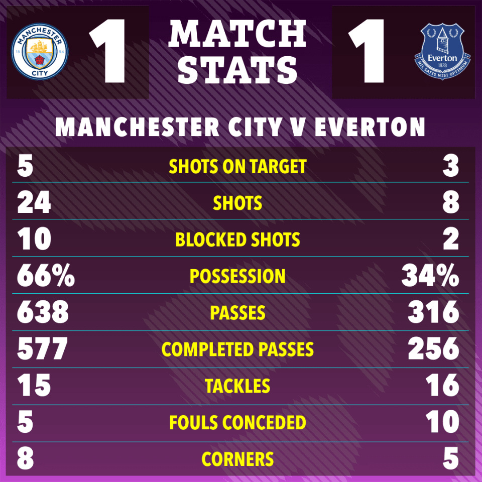 Manchester City vs Everton match stats: shots on target, shots, blocked shots, possession, passes, completed passes, tackles, fouls conceded, corners.