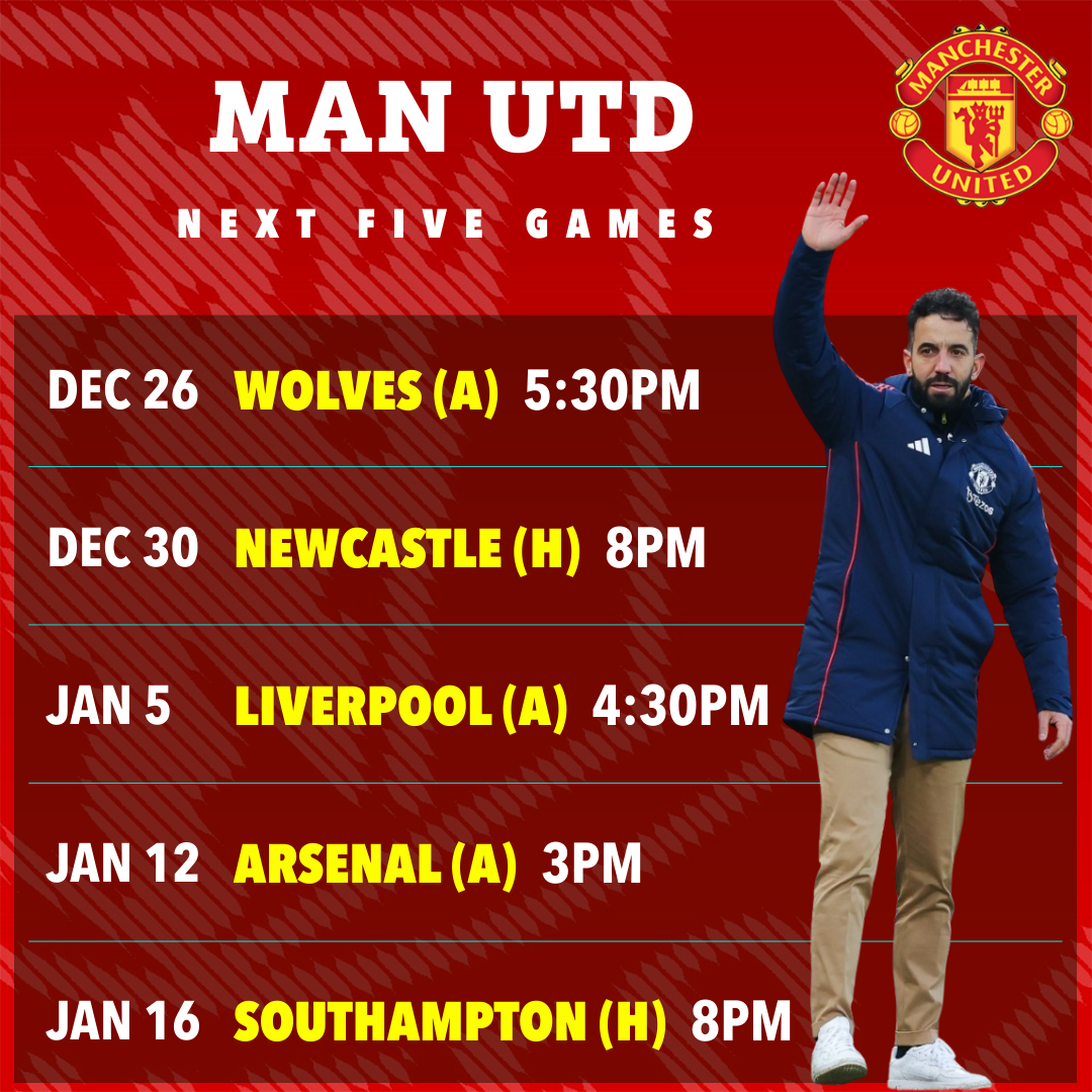 Manchester United's next five games: Wolves (A), Newcastle (H), Liverpool (A), Arsenal (A), Southampton (H).