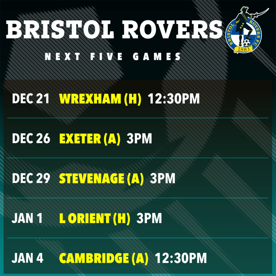 Bristol Rovers' next five games schedule.