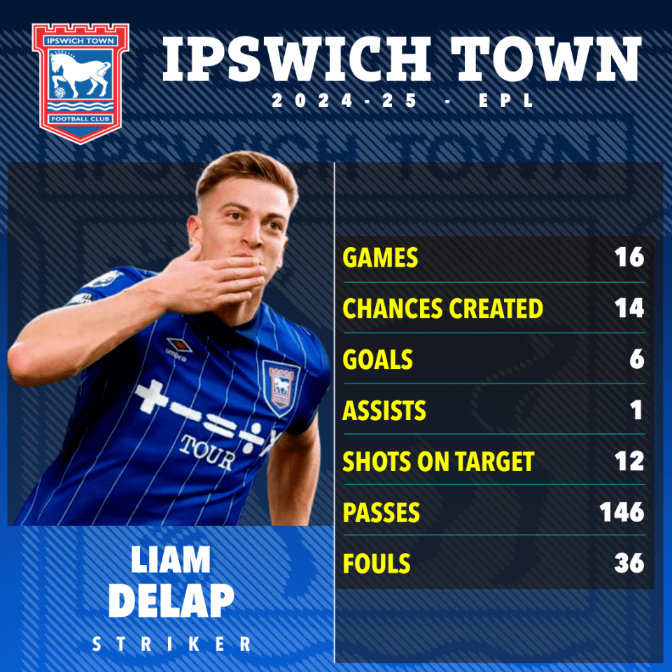 Liam Delap's 2024-25 Ipswich Town stats: 16 games, 14 chances created, 6 goals, 1 assist, 12 shots on target, 146 passes, 36 fouls.