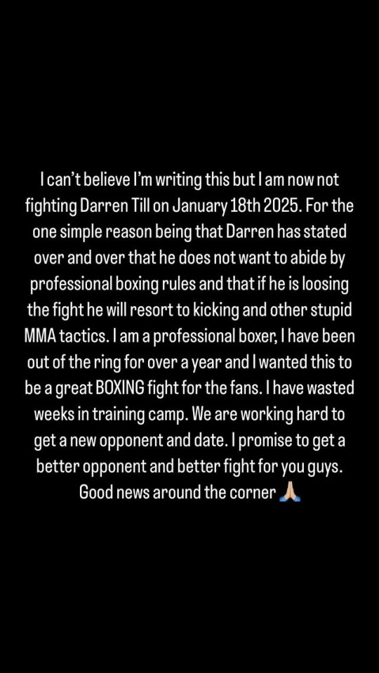 Fury announced his withdrawal from the fight on Instagram