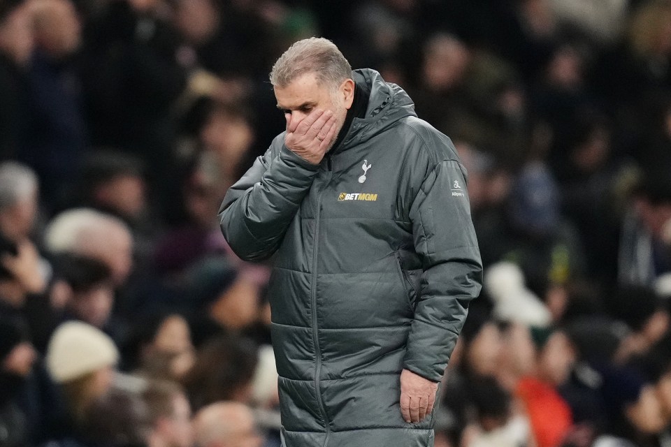 Ange Postecoglou, Tottenham Hotspur manager, looking distressed on the sidelines.