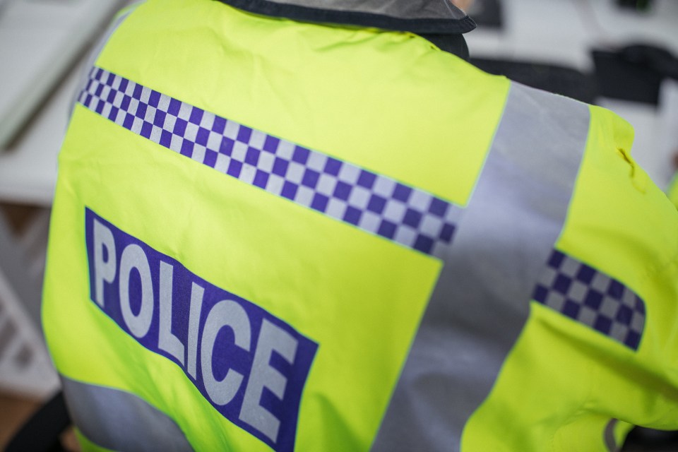 Back of a police officer's bright yellow uniform.