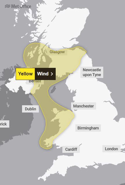 The Met Office has issued a yellow weather warning for wind